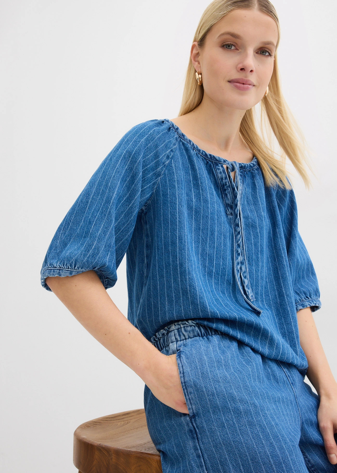 Džínsy, Wide-Leg, Pull On • modrá stone pásikovaná • obchod bonprix