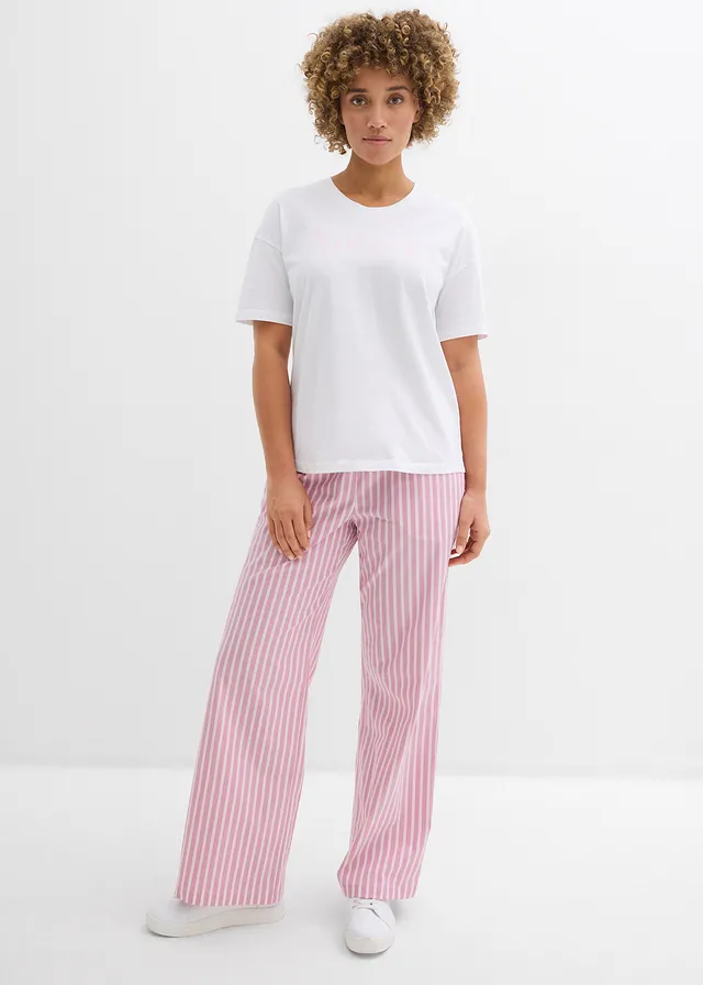 Pantalon palazzo en popeline de coton, Couleur: rose clair-mauve rayé