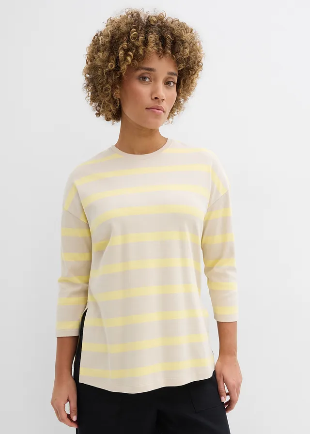 T-shirt long en coton épais, Couleur: sable clair-jaune clair rayé