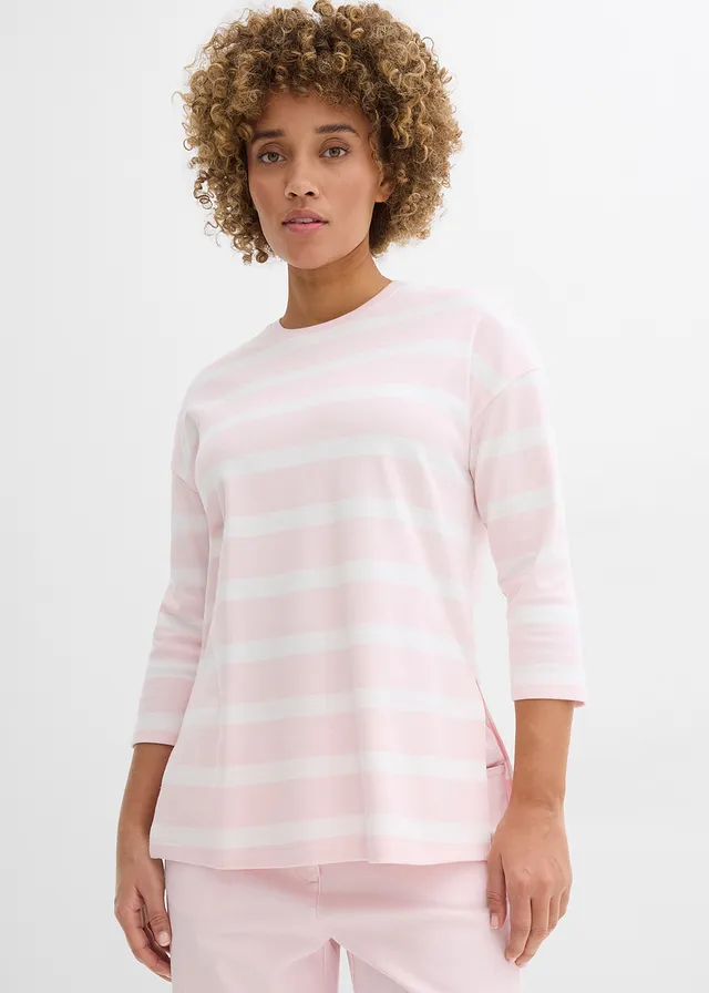 T-shirt long en coton épais • rose clair-écru rayé • product-page.page-title-suffix