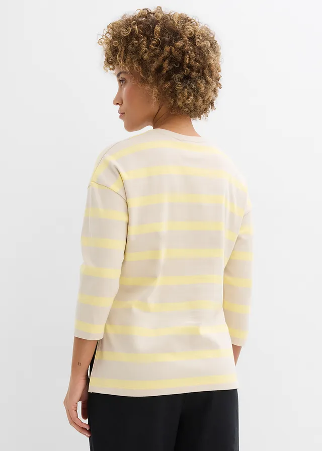 T-shirt long en coton épais, Couleur: sable clair-jaune clair rayé