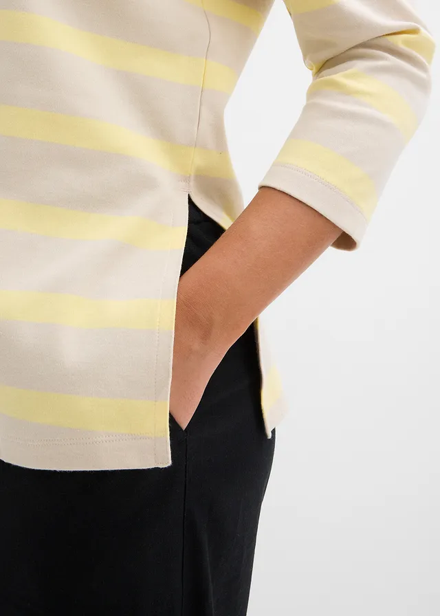 Bluză tricot lungă din bumbac organic greu • bej nisipiu mat-galben deschis în dungi • magazin bonprix