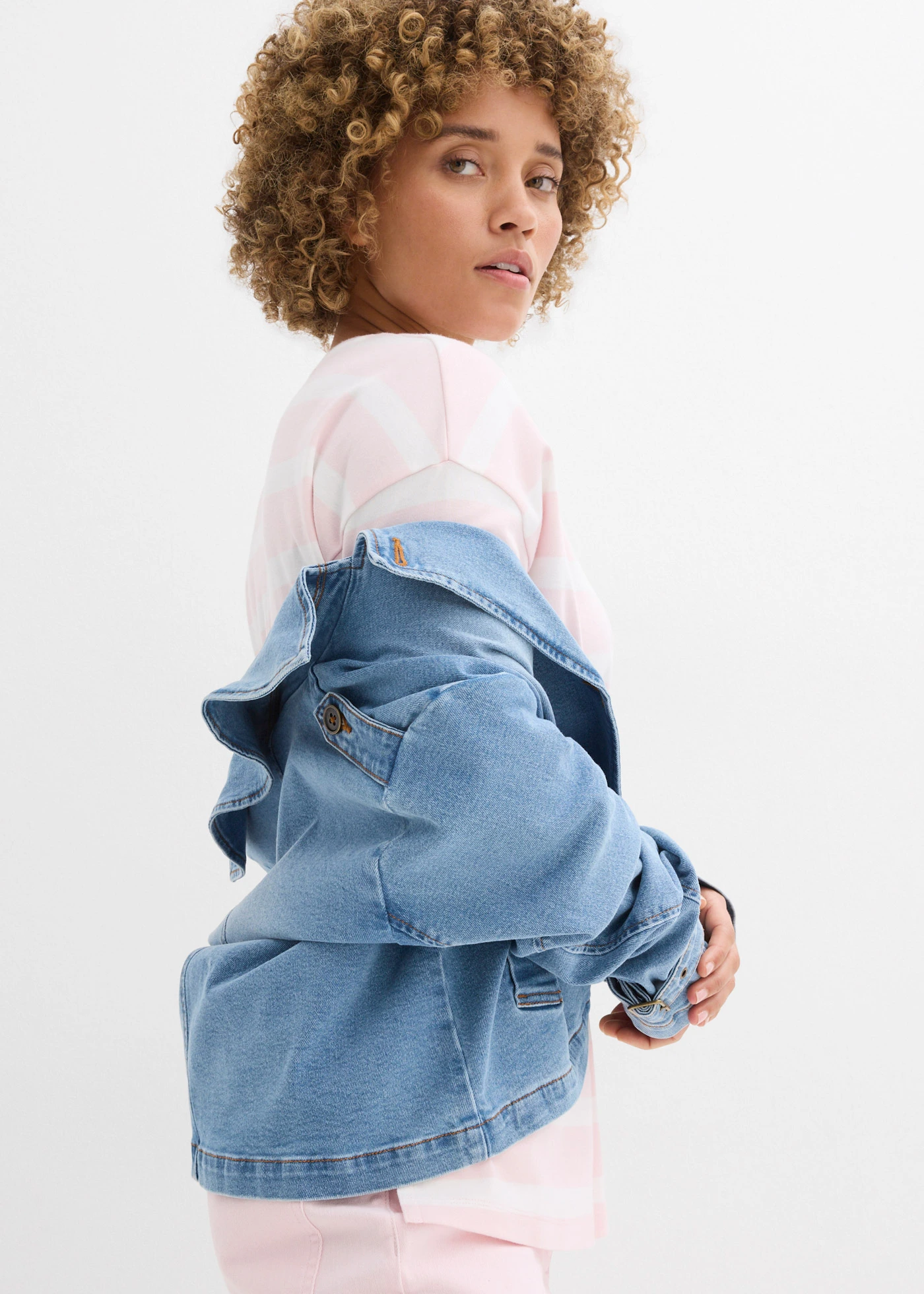 Bluză tricot lungă din bumbac organic greu • roz deschis-ecru în dungi • magazin bonprix