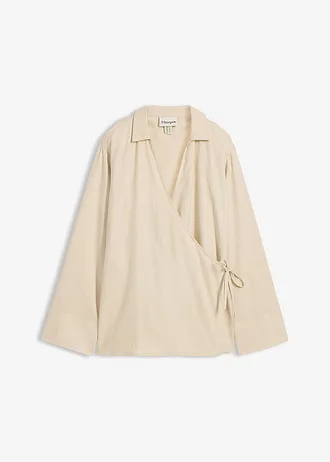 Wikkelblouse van linnenmix, Kleur: lichtsand