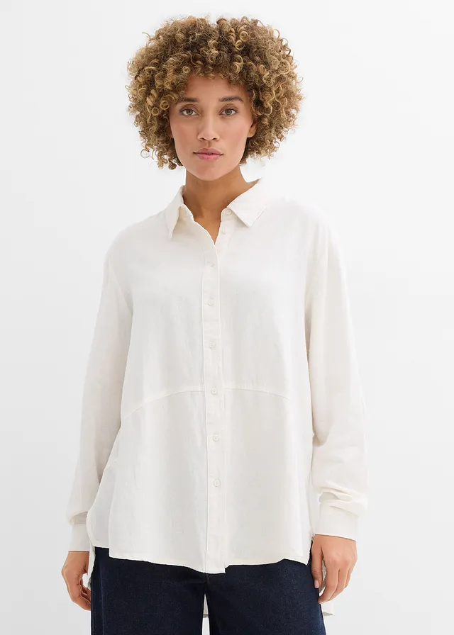 Oversized blouse van linnenmix, Kleur: wolwit