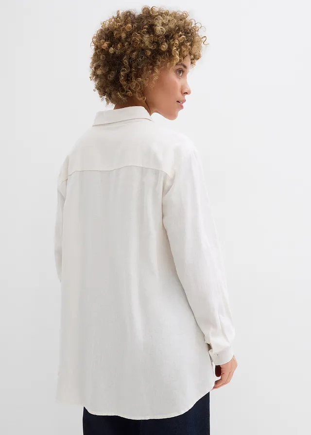 Oversized blouse van linnenmix, Kleur: wolwit