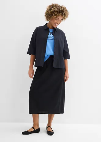 Midirok van lichte linnenmix, Kleur: zwart
