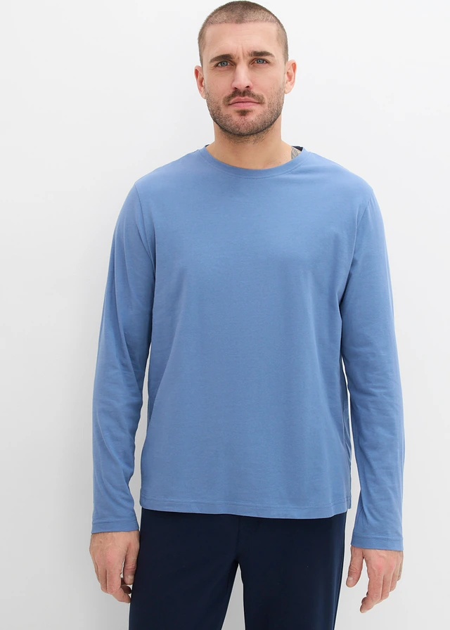Lot de 2 T-shirts manches longues, regular, Couleur: bleu jean+bleu foncé