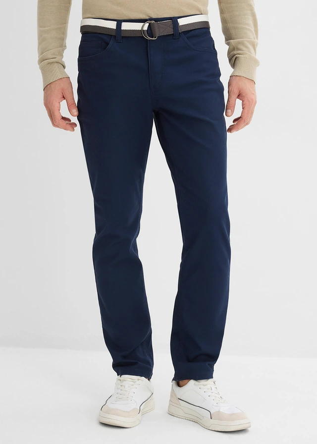 Regular fit stretch broek met riem, straight, Kleur: donkerblauw