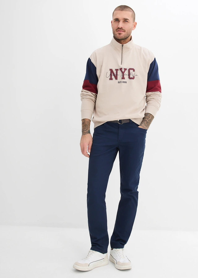Regular fit stretch broek met riem, straight, Kleur: donkerblauw