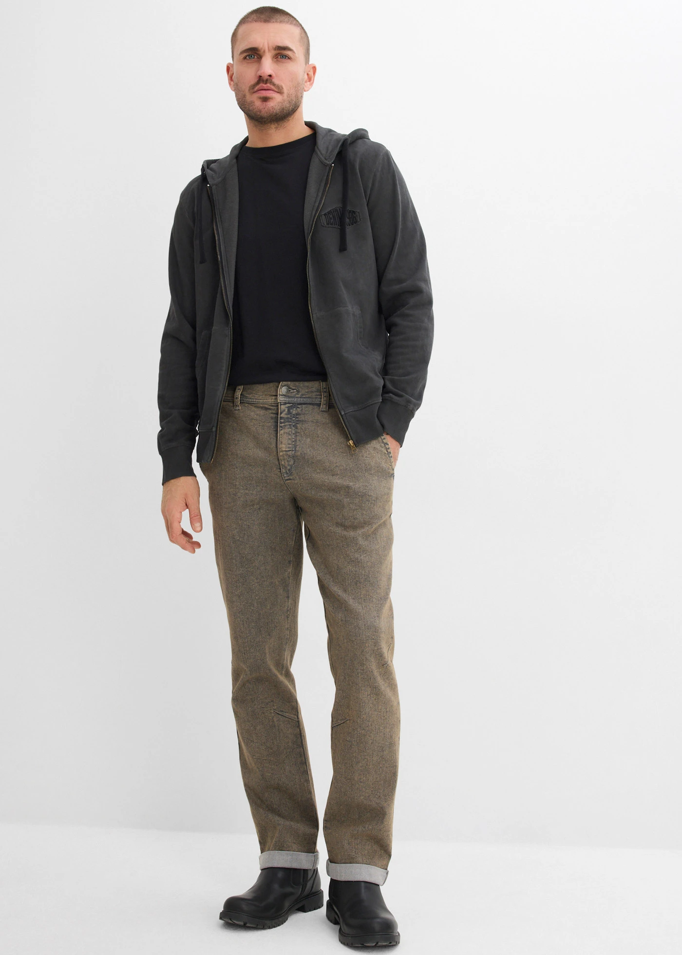 Vékony Relaxed Fit sztreccsfarmer komfort derékpánttal, Straight • szürke denim, használt hatású • bonprix áruház