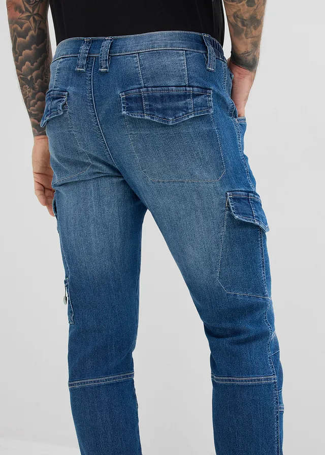 Jean cargo regular, droit et léger avec taille élastiquée • bleu denim used • product-page.page-title-suffix