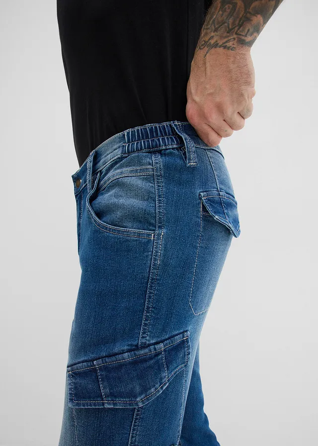 Jean cargo regular, droit et léger avec taille élastiquée • bleu denim used • product-page.page-title-suffix