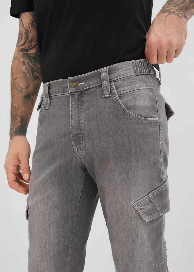 Vékony Regular Fit cargo farmer kényelmes derékpánttal, Straight • szürke denim, használt hatású • bonprix áruház