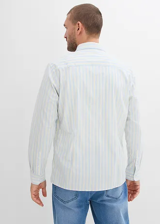 Strijkvrij business overhemd met stretch, modern fit, Kleur: poederblauw-wit-lichtgeel verticaal gestreept