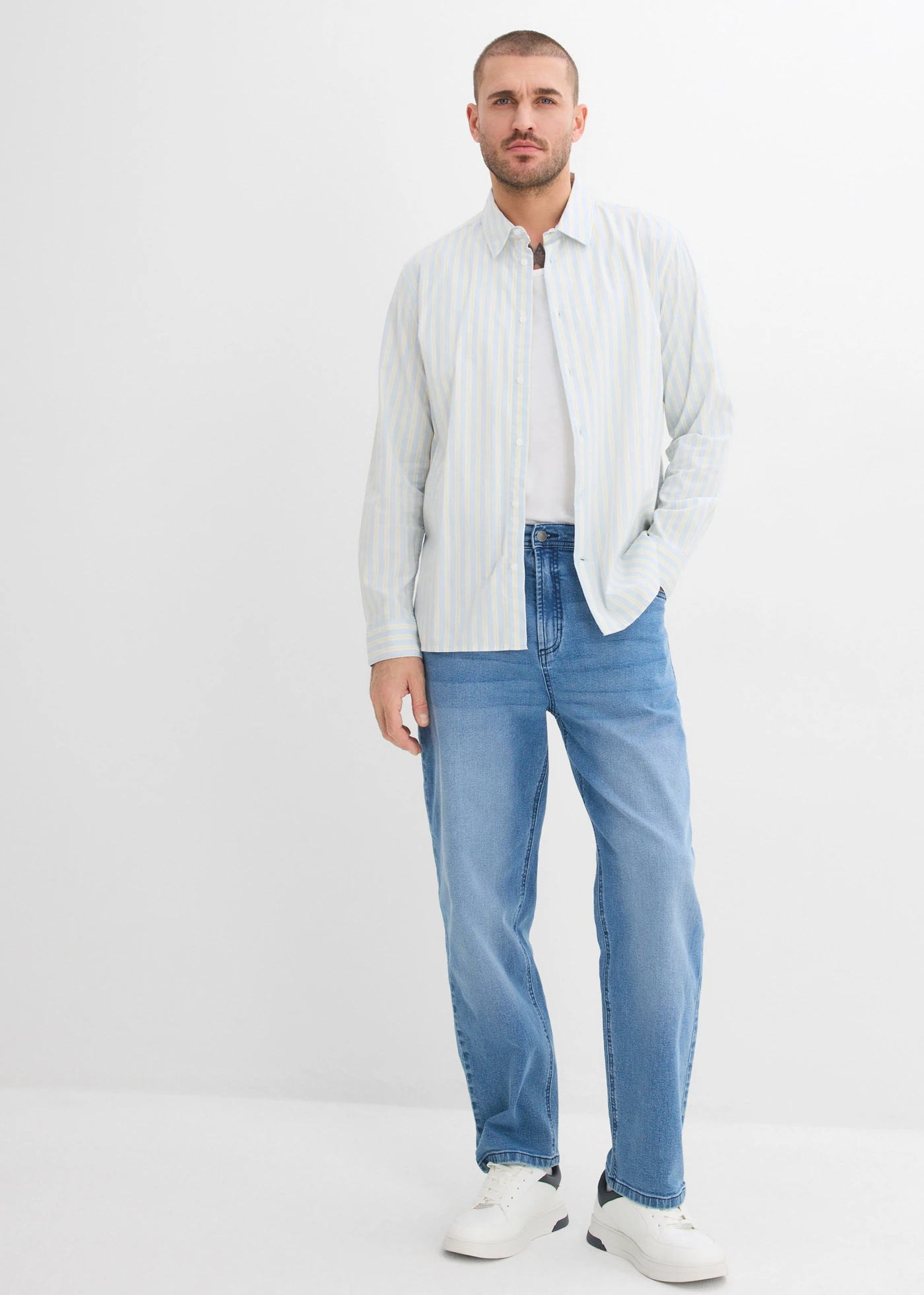 Vasalásmentes business-ing, Modern Fit • púderkék/fehér/világossárga csíkos • bonprix áruház