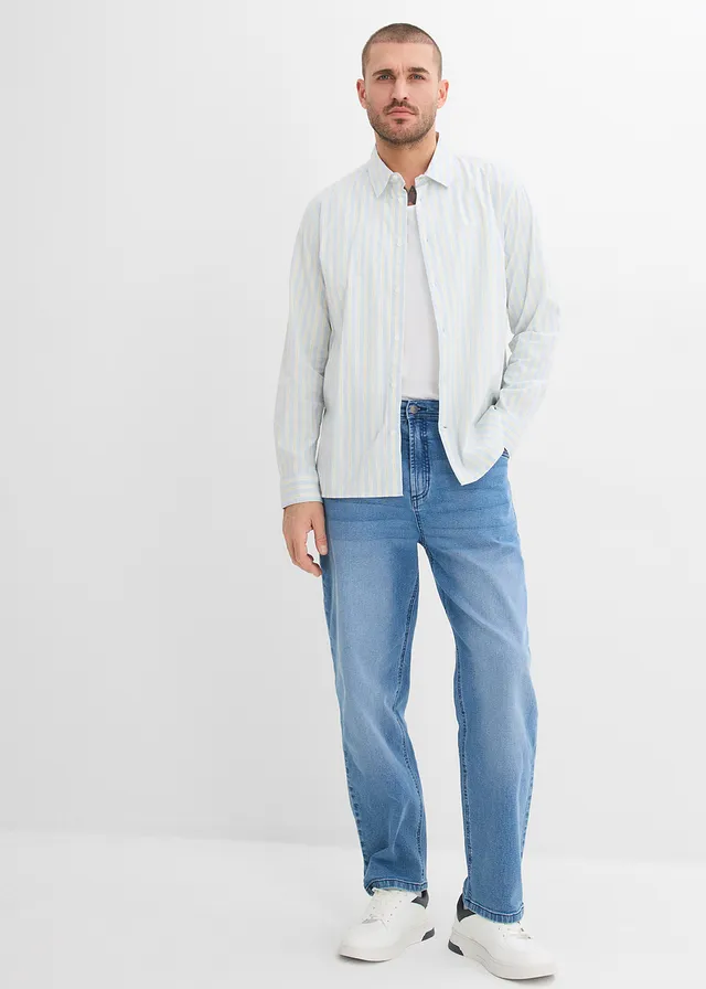 Strijkvrij business overhemd met stretch, modern fit, Kleur: poederblauw-wit-lichtgeel verticaal gestreept