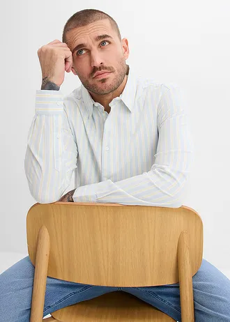 Strijkvrij business overhemd met stretch, modern fit • poederblauw-wit-lichtgeel verticaal gestreept • bonprix online shop