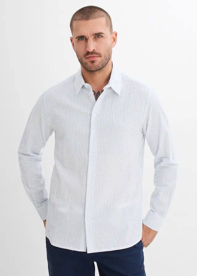 Overhemd van seersucker katoen, regular fit, Kleur: poederblauw-wit verticaal gestreept