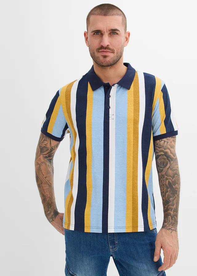 Polo 100% coton, Couleur: bleu foncé-curry rayé