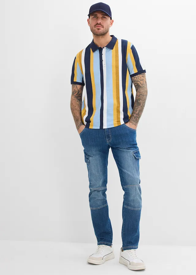 Poloshirt van biologisch katoen, Kleur: donkerblauw-curry gestreept