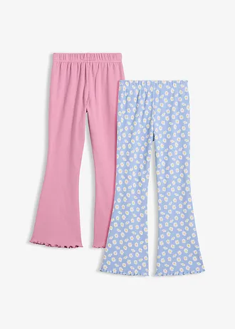 Geribbelde wijd uitlopende leggings (set van 2), Kleur: mauve+parelblauw