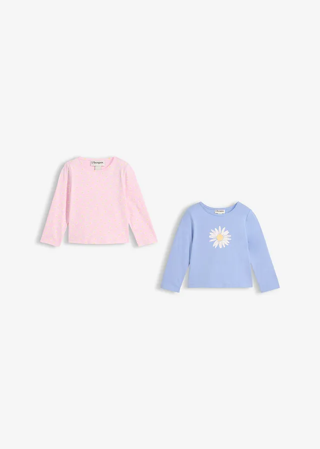 Longsleeve van puur biologisch katoen (set van 2), Kleur: parelblauw+kristalroze gebloemd