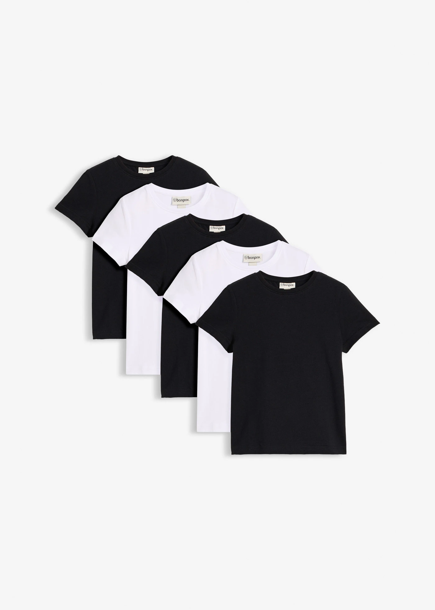 Lot de 5 T-shirts en coton extensible • blanc+noir • Boutique bonprix