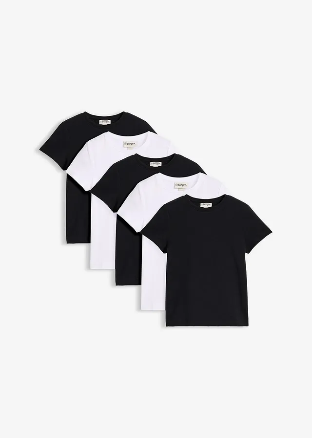 T-shirt van elastisch biologisch katoenmix (set van 5), Kleur: wit+zwart