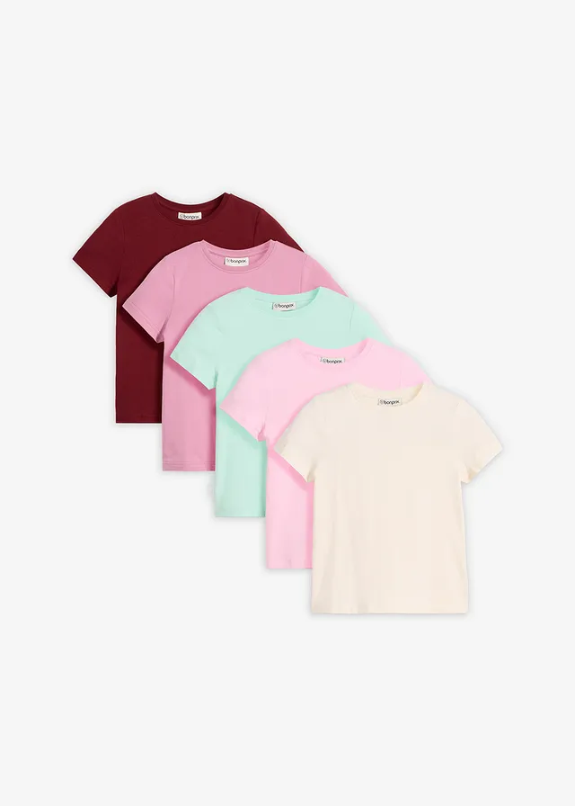 T-shirt van elastisch biologisch katoenmix (set van 5), Kleur: kristalroze+parelwit+lichtmint+mauve+robijnrood