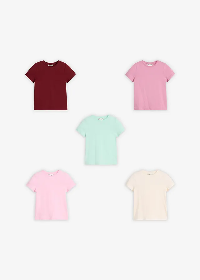 T-shirt van elastisch biologisch katoenmix (set van 5), Kleur: kristalroze+parelwit+lichtmint+mauve+robijnrood