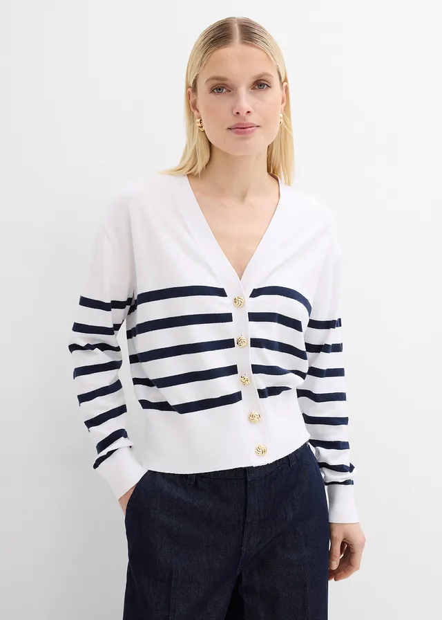 Gilet en maille douce, Couleur: blanc/bleu foncé rayé