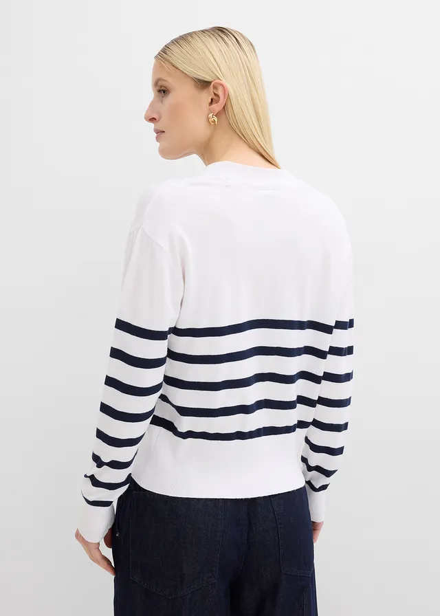 Gebreid vest in een zachte viscosemix • wit-donkerblauw gestreept • product-page.page-title-suffix