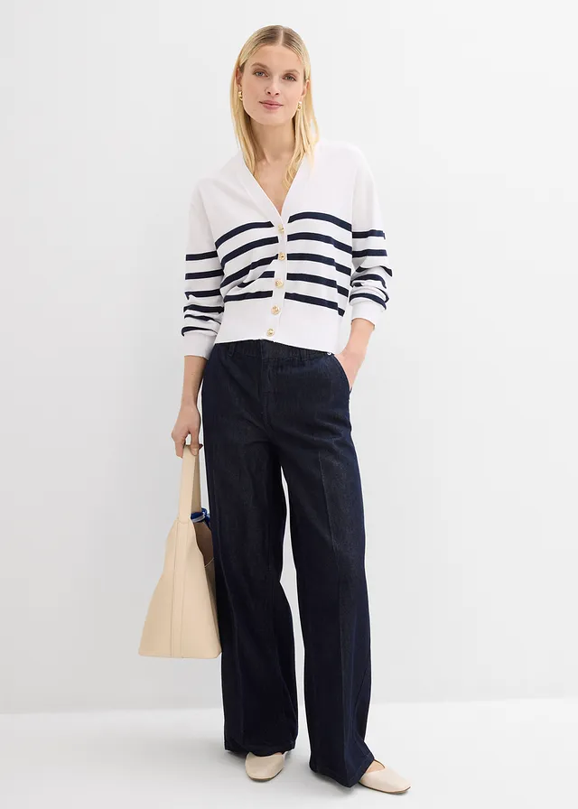 Gebreid vest in een zachte viscosemix • wit-donkerblauw gestreept • product-page.page-title-suffix