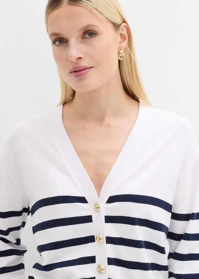 Gebreid vest in een zachte viscosemix • wit-donkerblauw gestreept • product-page.page-title-suffix