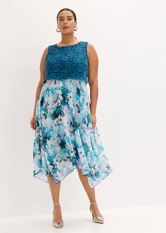 Chiffon jurk met sierlijk kant, Kleur: petrol gebloemd