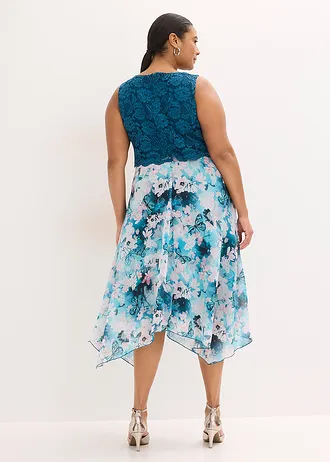 Chiffon jurk met sierlijk kant, Kleur: petrol gebloemd
