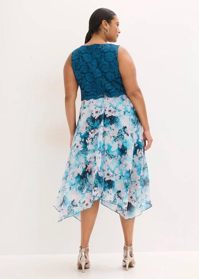 Chiffon jurk met sierlijk kant, Kleur: petrol gebloemd