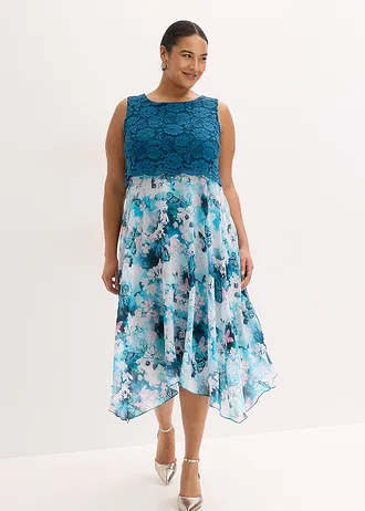 Chiffon jurk met sierlijk kant, Kleur: petrol gebloemd