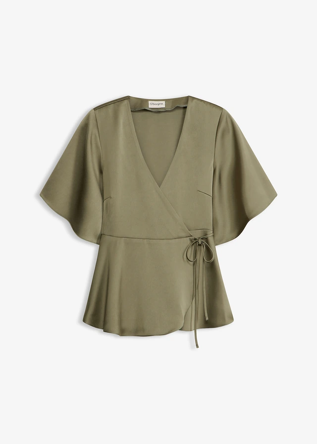 Satijnen blouse met een diep decolleté, Kleur: olijfgroen
