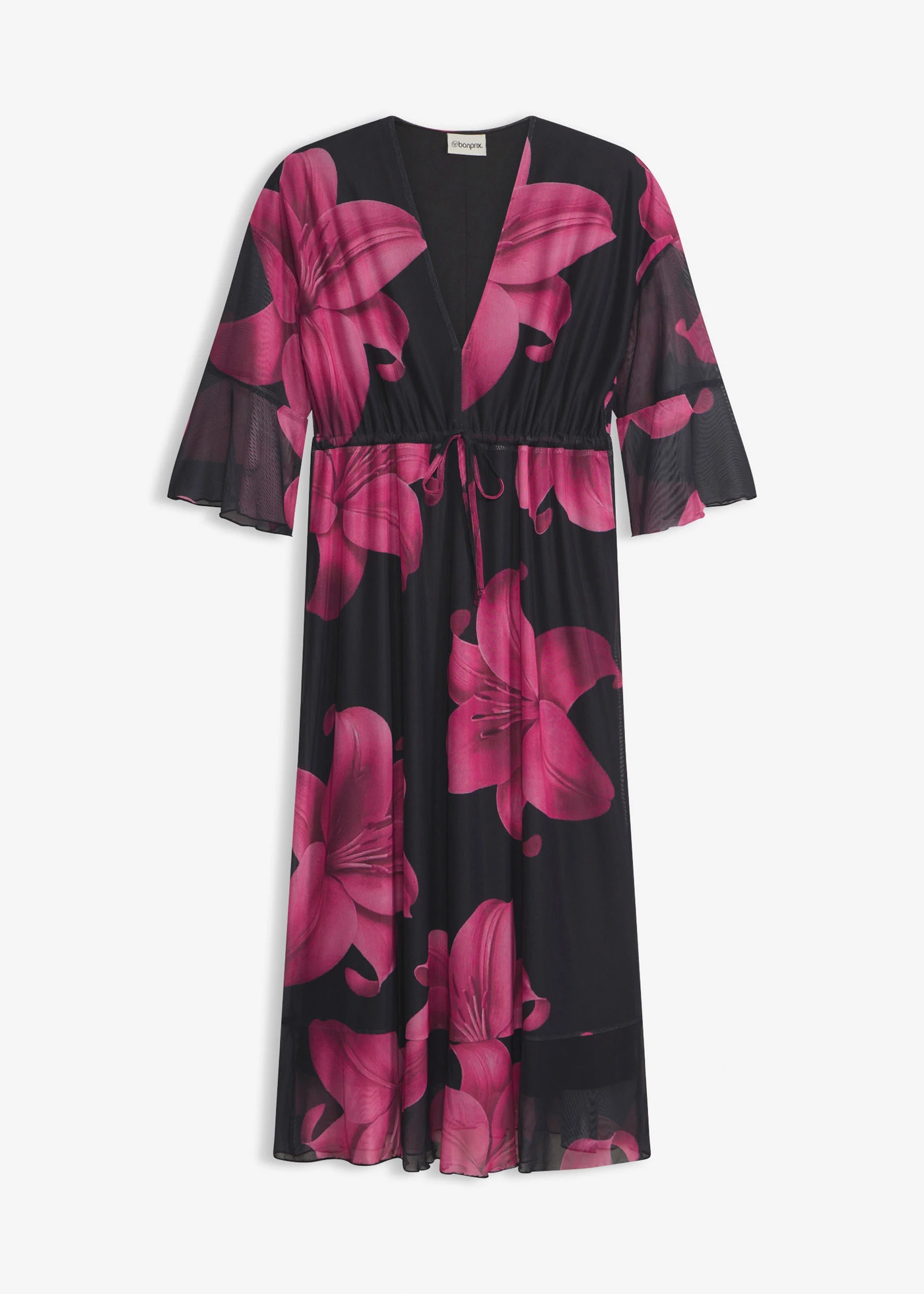 Robe midi à décolleté plongeant • noir - rose vif • Boutique bonprix