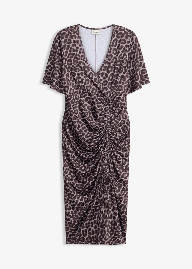 Midi šaty s nařasením • hnědo-černá s leopardím potiskem • bonprix obchod