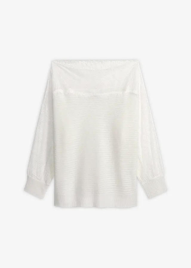 Off shoulder trui met kant, Kleur: wolwit