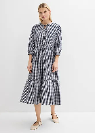 Robe midi en coton extensible • bleu foncé-blanc carreaux • Boutique bonprix