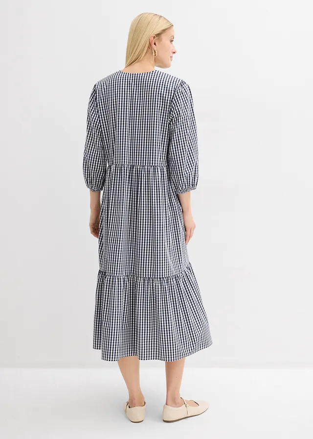 Midi jurk, Kleur: donkerblauw-wit geruit