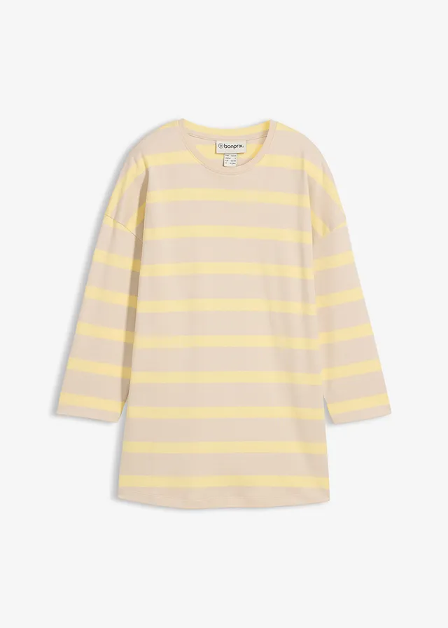 T-shirt long en coton épais, Couleur: sable clair-jaune clair rayé