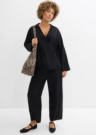 Wikkelblouse van linnenmix, Kleur: zwart