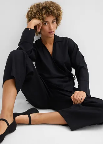 Chemisier cache-cœur en lin mélangé • noir • Boutique bonprix