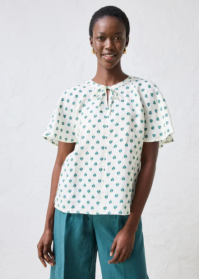 Blouse 100% lin, Couleur: crème-vert poivre imprimé