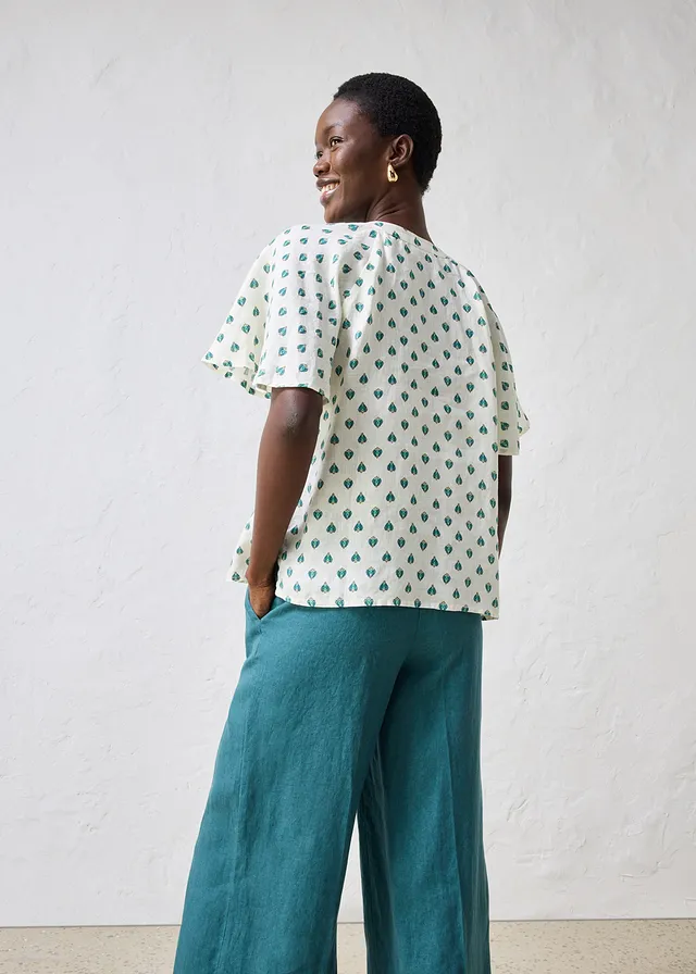 Blouse 100% lin, Couleur: crème-vert poivre imprimé